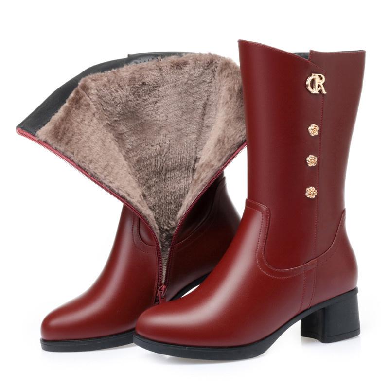 Fashion Comfortable Soft Leather Boots Mid Leg Motorcycle Boots Winter 2024 Med Block Heels Plush Fur Mom Elegant  Non-slip Shoes