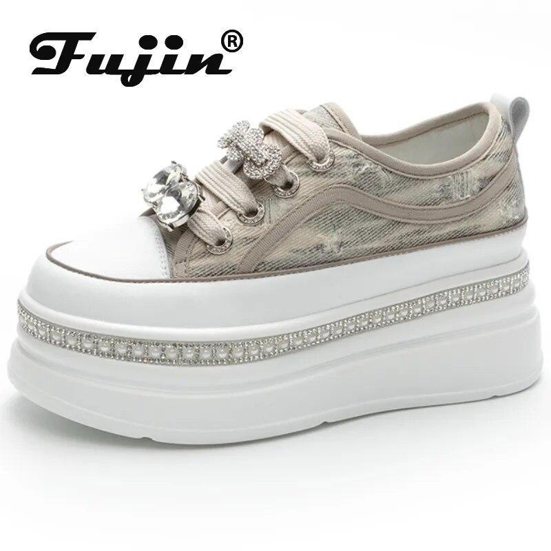 

Fujin/6 см джинсовая платформа на танкетке из коровьей кожи, весенне-осенние удобные брендовые кроссовки разного цвета на массивном каблуке, обувь на скрытом каблуке