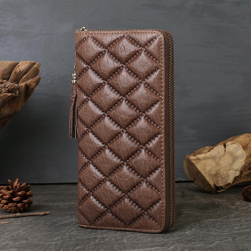 

Johnature Fashionable Plaid Pattern Women s Wallet Card Holder Long Multi Functional Genuine Leather Purse абрикосовий