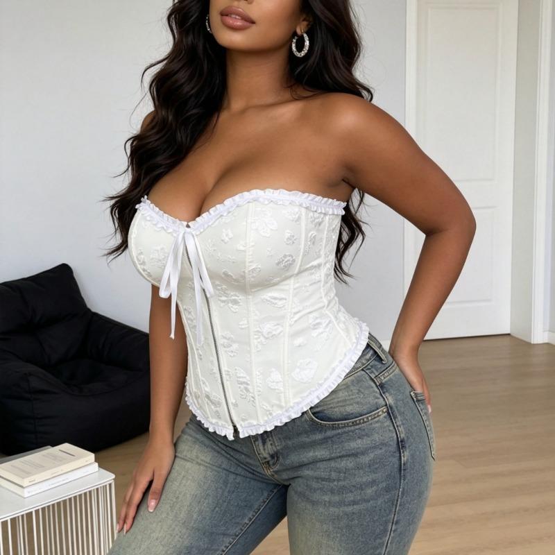 Plus Size White Front Zip Corset Bustier Top With Boning For Women