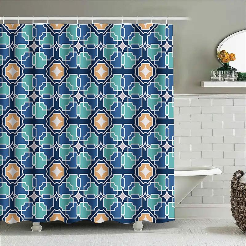 Modern Geometric Printed Shower Curtain Waterproof Bathroom Decor Navy Blue Mint Green White Orange Modern Bath Liner With Hooks