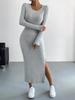 2025 Autumn/Winter Bestseller: European and American Women's Long-Sleeved Round Neck Slit Knit Dress.