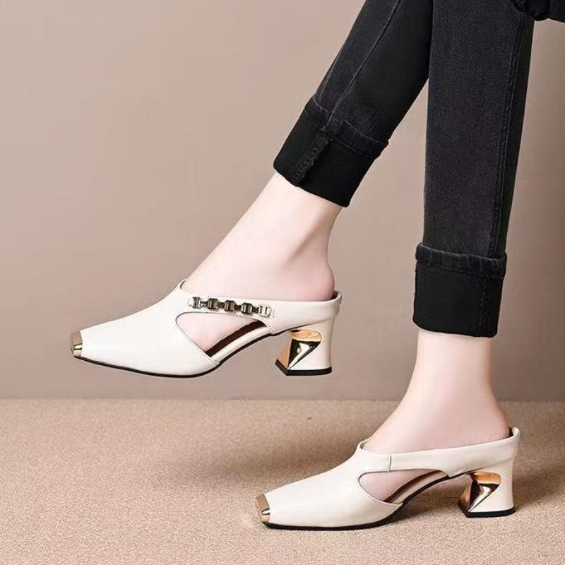 Metal personalized iron head summer new square head summer women wear middle heel soft leather casual one pedal bag head drag
