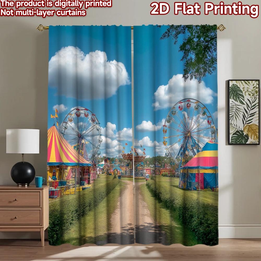 2D flat printing 2pcs Scene Curtain Carnival Ferris Wheel Fun Sky Digital Printed Polyester Drapes Birthday Party Perfect for 100×220