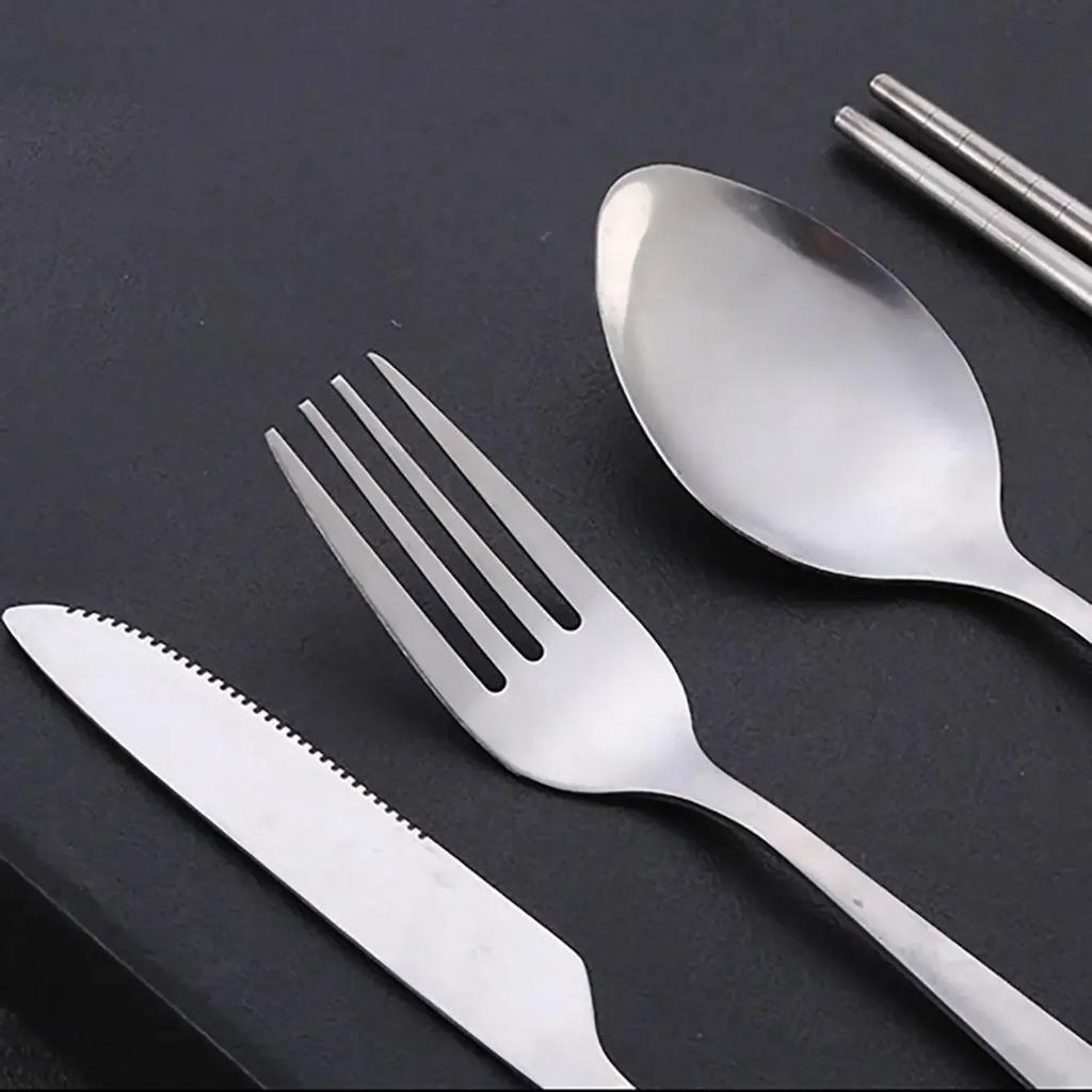5Pcs/Set Travel Camping Cutlery Set Portable Tableware Stainless Steel Chopsticks Spoon Fork Steak Knife with Storage Case