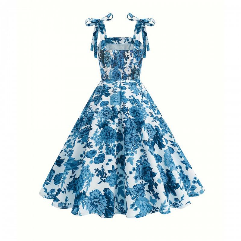 Womens High-Waisted Floral Print Wrap Tie-Back Sleeveless Midi Dress Vintage Bohemian Style Blue Green Pink Purple Small синий