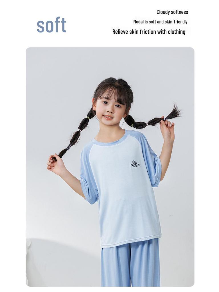 Modal Barnpyjamas: AC-dräkt för pojkar och flickor, kortärmad, set med långbyxor för tonåringar, sommarhemkläder