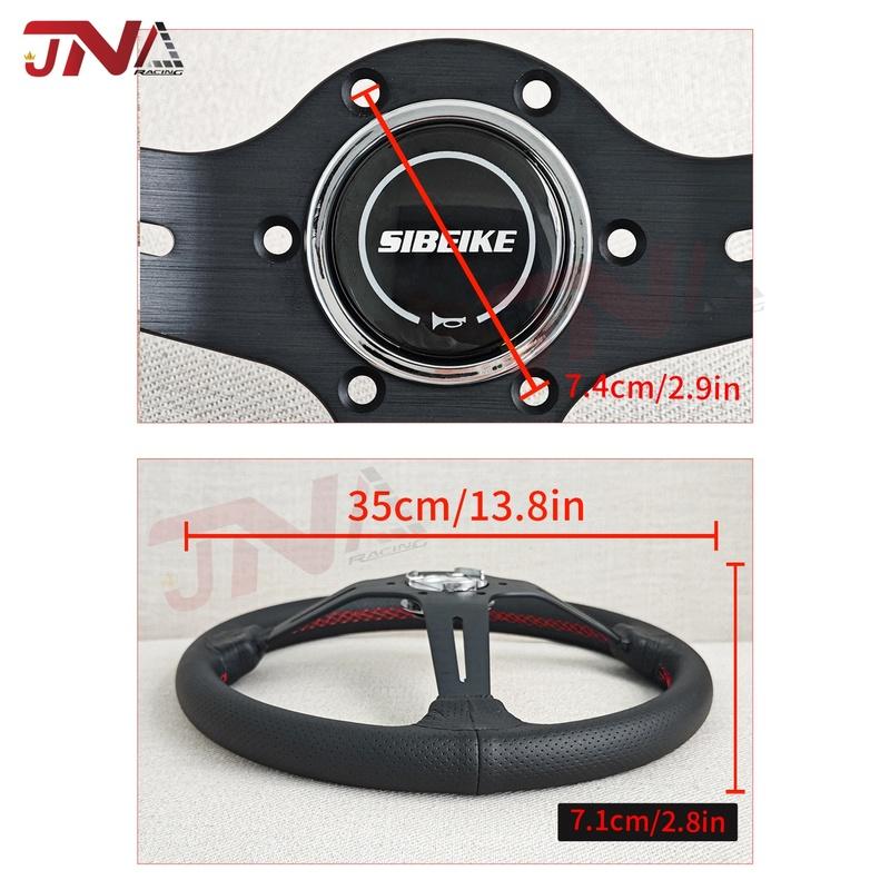 14inch 350mm Aluminum Spoke Perforated Leather Auto Racing Steering Wheel Deep Corn Drifting Sport Steering Wheel Red Line