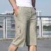 Summer New Men's Elastic Waist Solid Color Cropped Pants Large Size Fat Man Tooling Pure Cotton Outdoor Leisure Sports Shorts