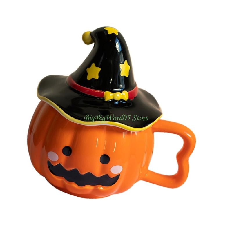 24TE Unique Halloween Themed Ceramics Mug with Pumpkin Design Matching Witch Hat Lid