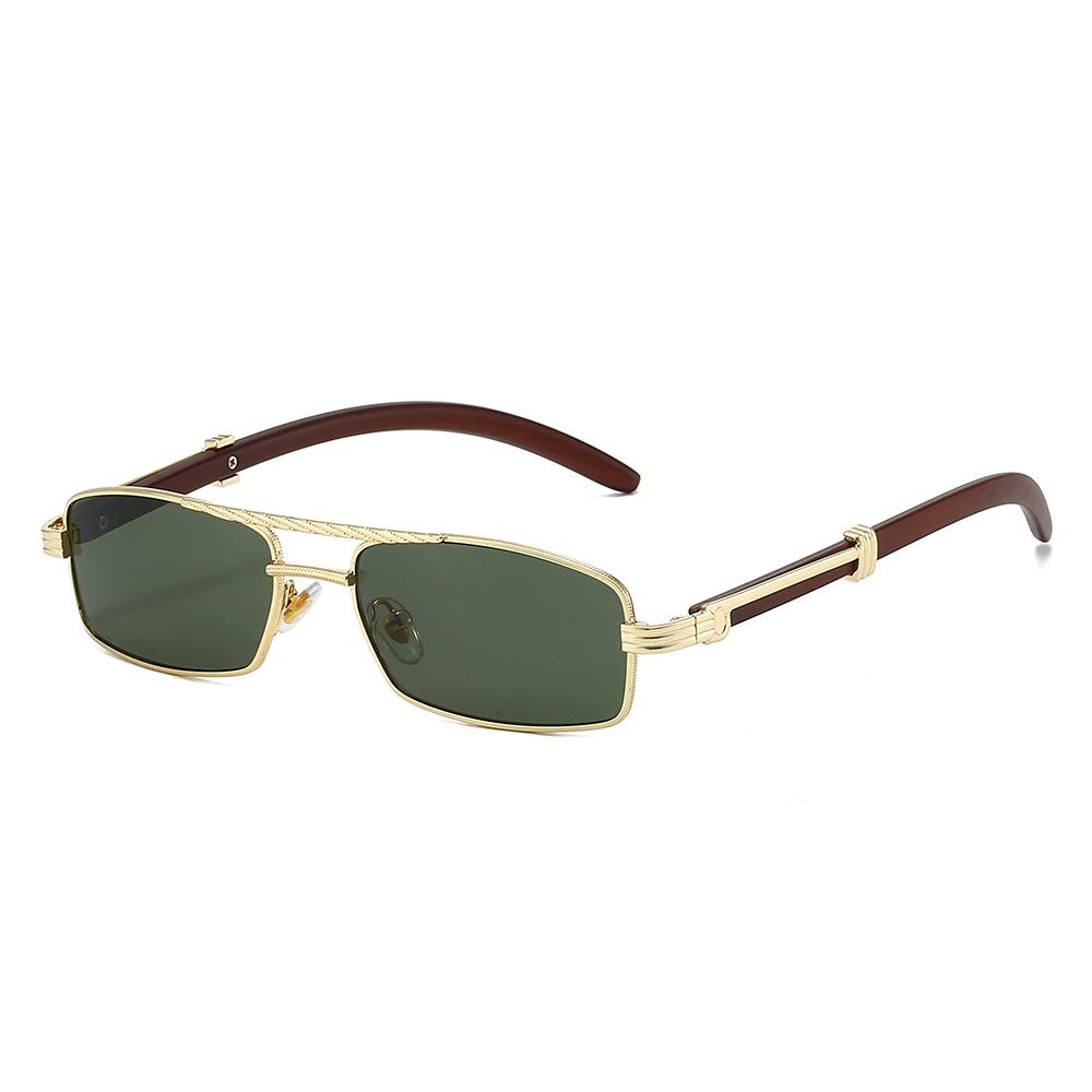 New Metal Rectangle Sunglasses for Women Men Stylish Mini Frame Double Bridge Wood Grain Design