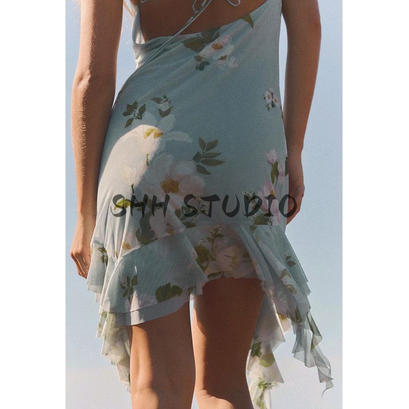 Spring and Summer New Women's Clothing French Style Vacation Style Print Silk Net Draped Collar Sling Short Dress 5039122