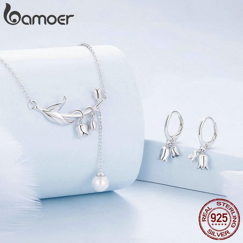 

BAMOER, стерлинговое серебро 925 пробы, ожерелье с цветком ландыша, жемчужный кулон, серьги-подвески, комплект ювелирных изделий для свадебной вечеринки, подарок 925 silver