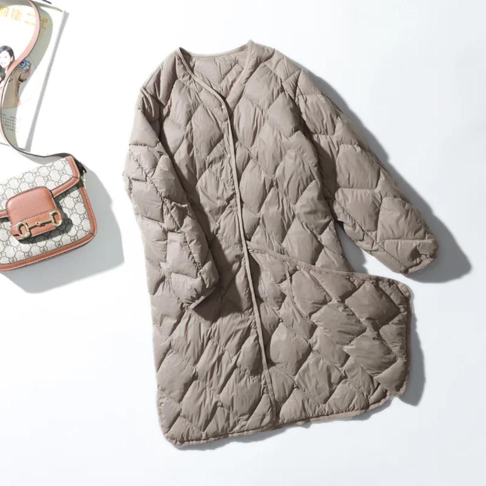 Women Ultralight White Duck Down Long Jacket Argyle V-neck Collar Casual Autumn Winter Outwear Coat