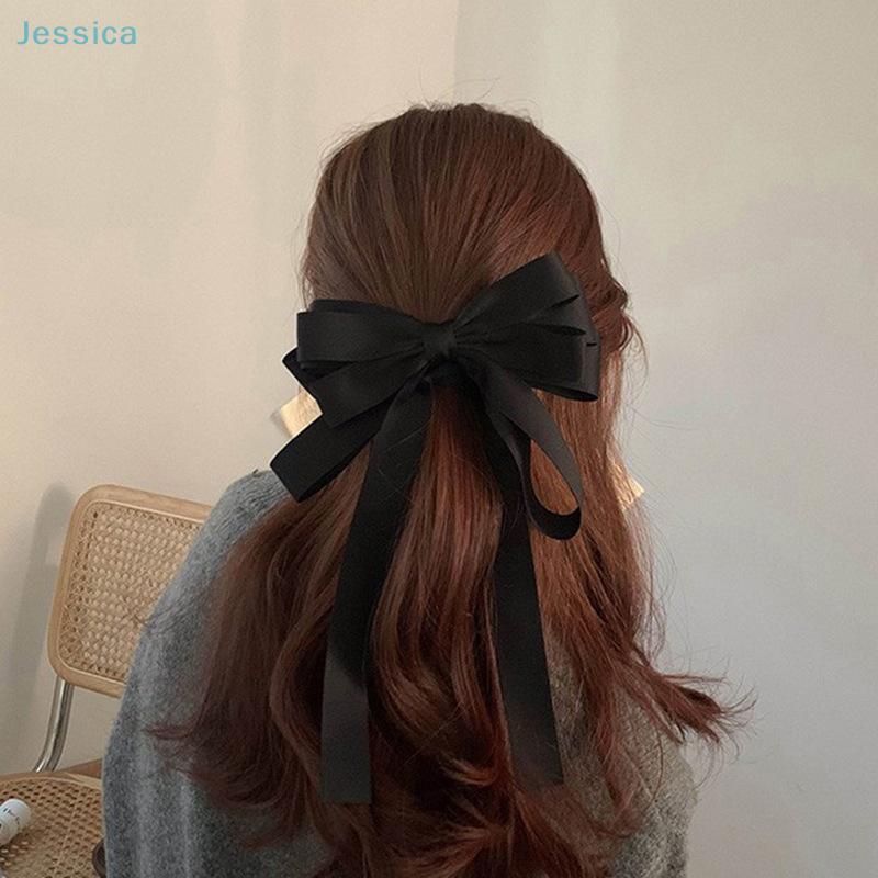 Big Bowknot Solid Satin Long Ribbon Bows Spring Clamp Women's Ponytail Hair Clip