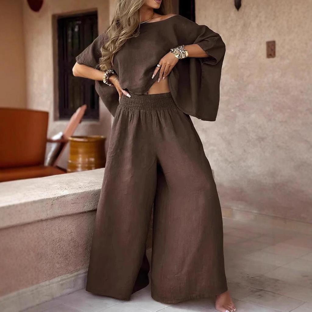 Completo estivo casual da donna 2025 a tinta unita con spalle scoperte