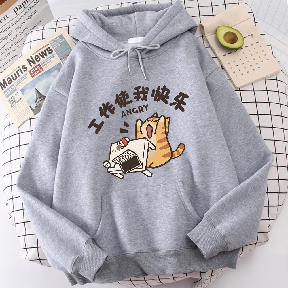 Men's Fashionable and Versatile Fleece Sweatshirt, Thin and Warm, Three-dimensional Pocket, Cute Cat Print Pattern