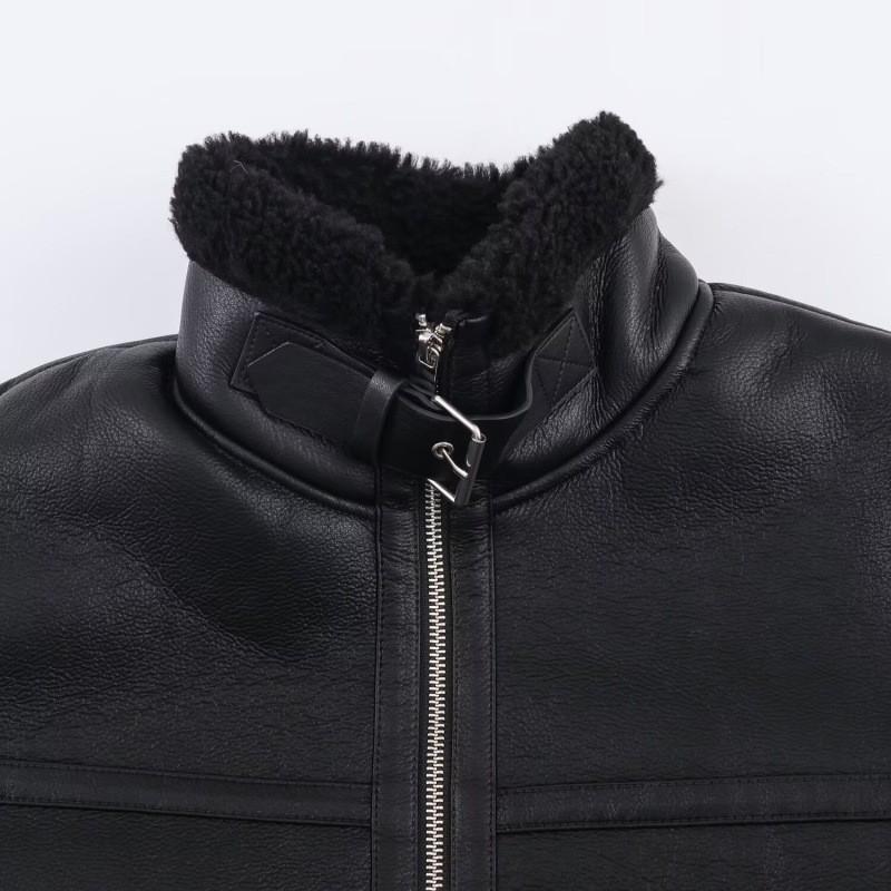 Womens Streetwear Faux Leather Biker Jacket With Zipper Sherpa Lining Loose Fit Black Coat
