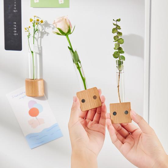 Fridge Magnet Vase Clear Glass Tube Vase with Wooden Base Magnetic Mini Vase for Flowers Herbs Refrigerator Kitchen Decor