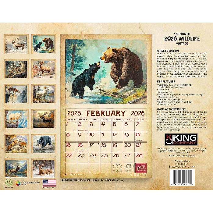 2026 Vintage Wildlife Wall Calendar 16-Month X-Large Size 14x22, Retro Widllife Calendar by The KING Company-Monster Calendars