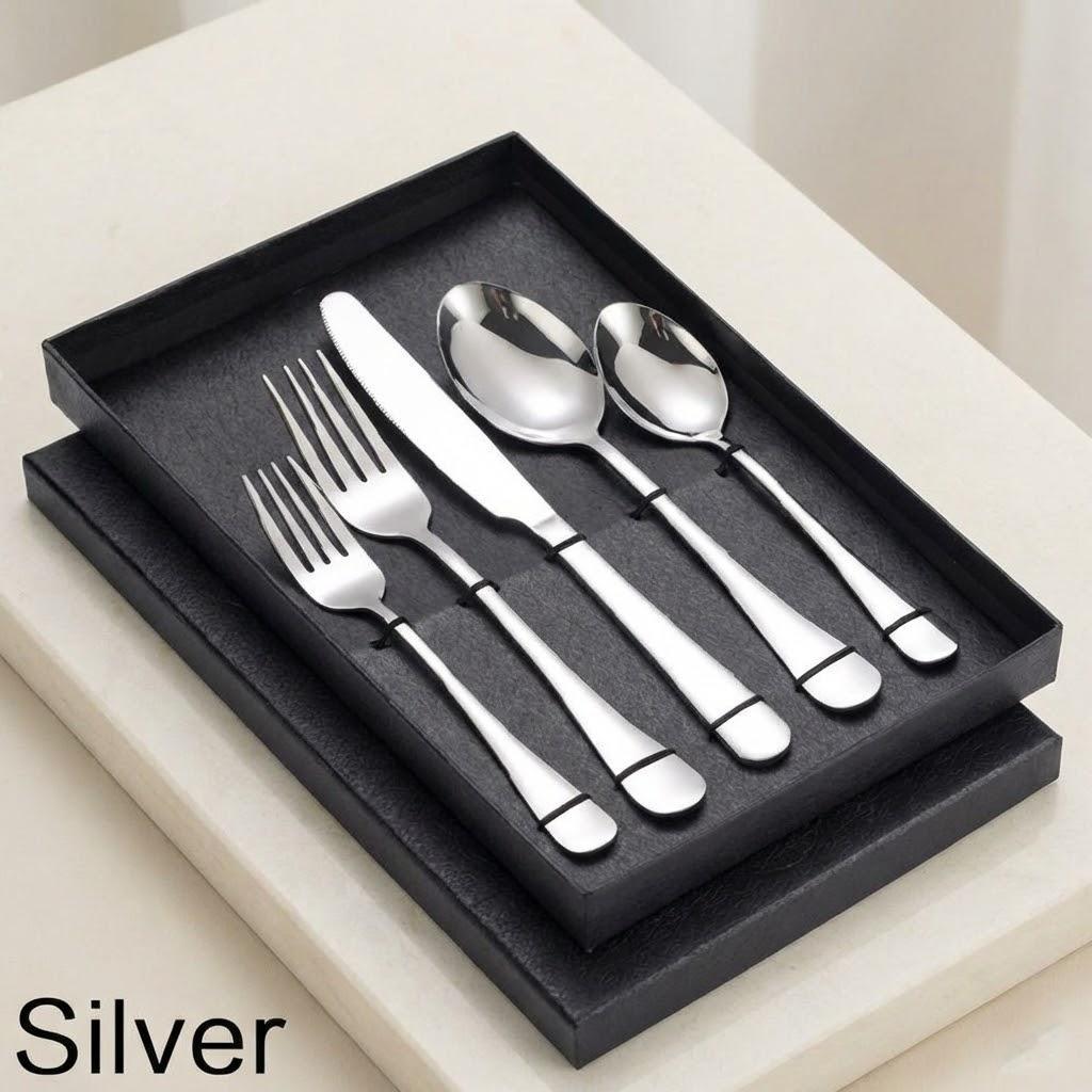 

5PCS Stainless Steel Flatware Set Elegant Cutlery for Travel Camping Gift Box Ideal for Weddings Home Use срібний