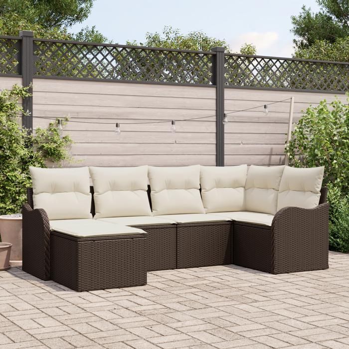 Ensemble de 6 pièces de canapés de jardin avec coussins marron en poly rattan, Canapé de jardin 2 places avec coussins 3345768