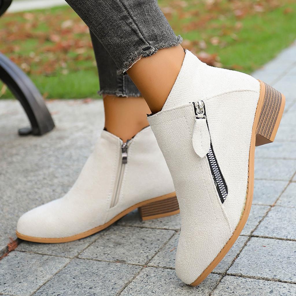 Mode för kvinnor Bekväma Mjuk Sula Ankelboots Utomhus Vardag Mocka Dragkedja Korta Ankelboots Stövlar för Kvinnor Hög Klack Bred
