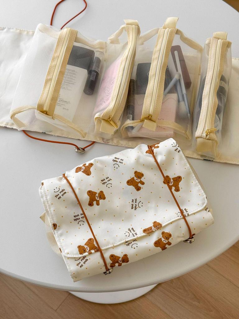 Adorable Bear Cosmetic Travel Bag: Compact, Large-Capacity, and Foldable for Students