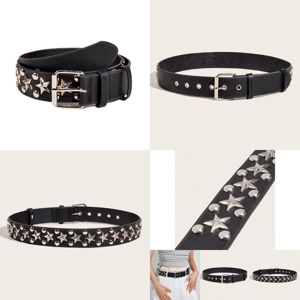 New Star Studded Fashionable Punk Style Wide Belt For Women's Jeans Faux Leather Material