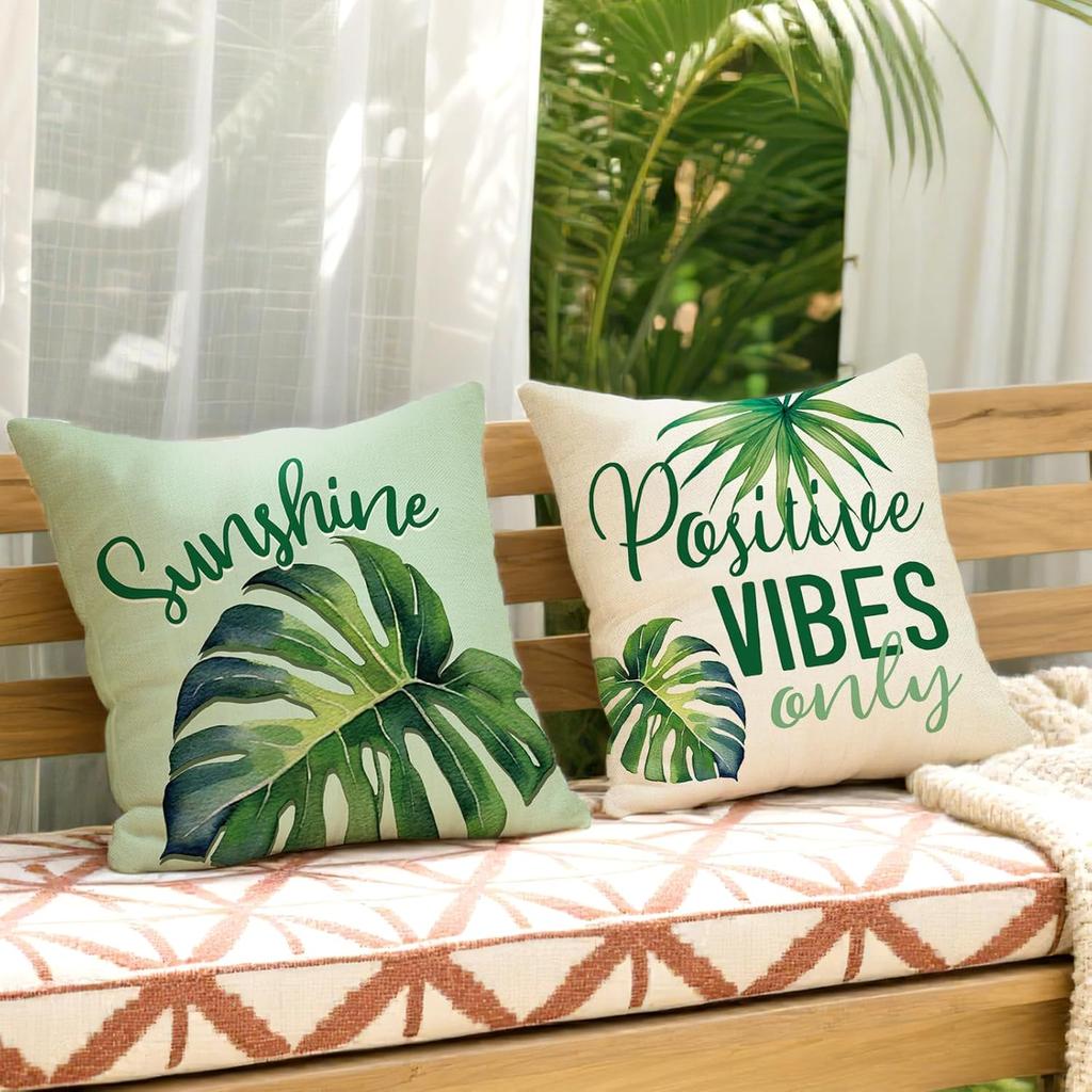 Fahrendom Monstera Palm Leaves Decorative Throw Pillow Covers 18 x 18 Set of 4, Positive Vibes Only Tropical Plant Sunshine Porch Patio Outdoor