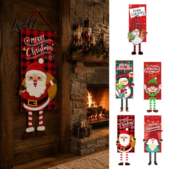 Christmas Hanging Banners Banner Decorations with Rope, Elf/Snowman/Gnome/Snowman Festive Flags for Doorway Foldable Holiday Door Sign Patio and Wall