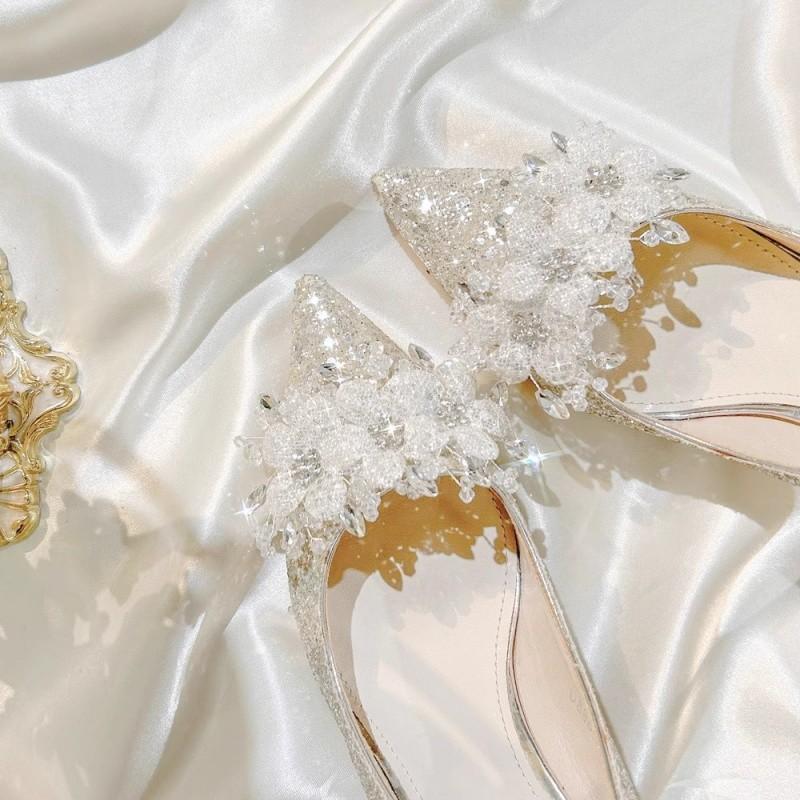 Fashion Brand Design Sequin Cloth Wedding Shoes Women 2025 Summer Pointed Toe High Heel Party Dress Pumps Luxury Glitter Flower Shoes
