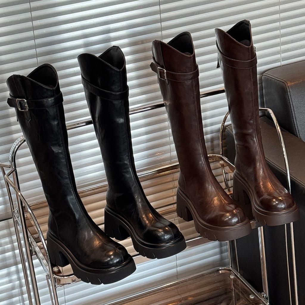 Women's new autumn style V-neck long tube boots with a knee length and thick sole height increasing fashion boots