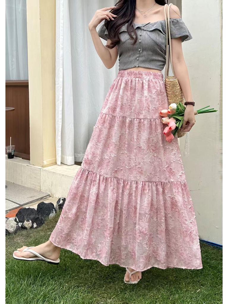 Women's Spring Floral Print Midi Skirt, A-line, Elastic Waist, Versatile, Slimming Design