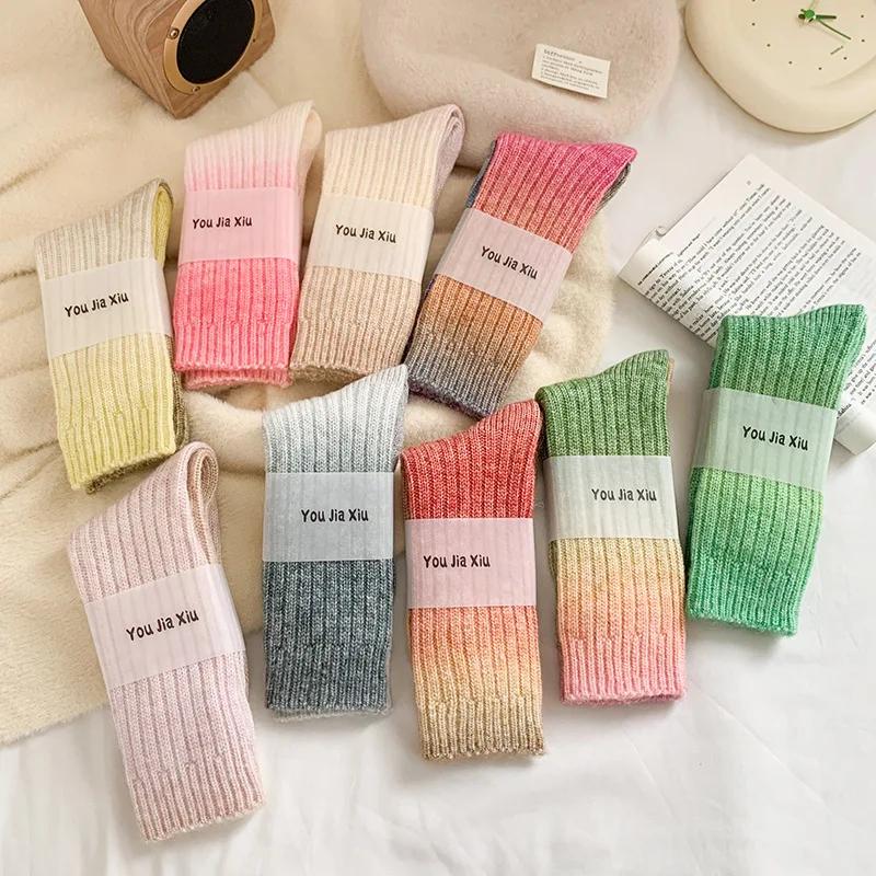 Winter Thick Warm Long Socks Gradient Wool Cashmere Kawaii Socks Women Thermal Floor Sleeping Socks New  Gift Autumn New