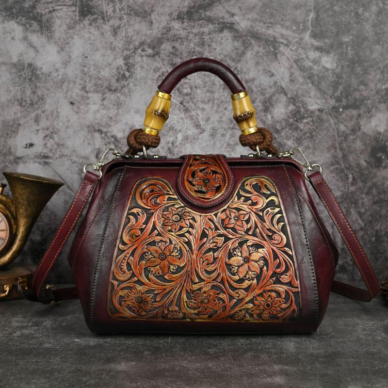 Johnature Luxury Handbag Vintage Handmade Leather Carved Women Bag Versatile Female Shoulder & Crossbody Bags