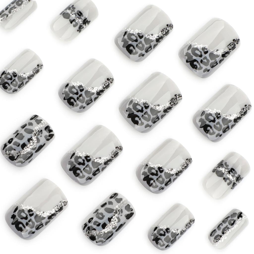 24pcs Gray Leopard Print Splicing Wear Armor High-end Manicure Fake Nail Short Square Wearable Nails