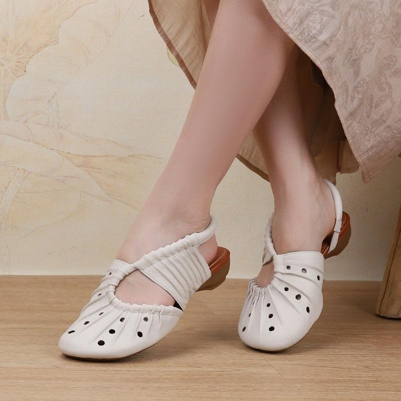 Fashion 2025 Summer New Cowhide Roman Sandals for Women Retro Pleated Braided Hollow Women Flat Shoes Fashion Comfort Sandals Sandalia