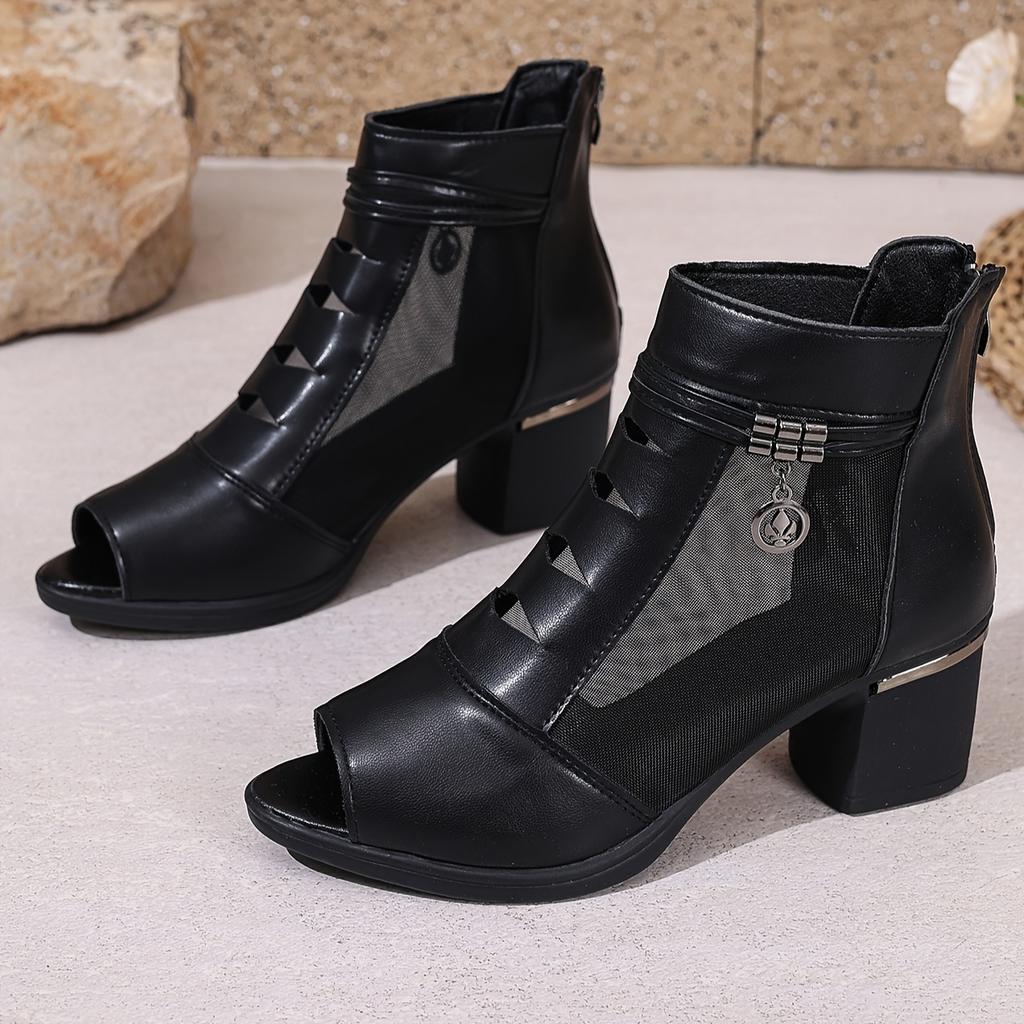 Outdoor Ladies' Mesh Fashionable Ankle Boots, Chunky Heeled Peep-Toe Shoes, Stylish Solid Color Short Boots for Wear.