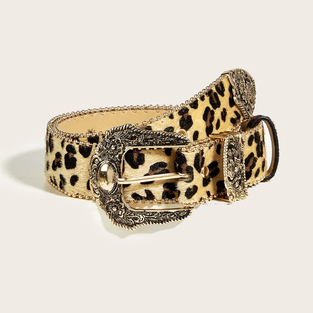 Cinto de Couro PU Estampado de Leopardo Cós de Camurça Vintage Cinto com Fivela Esculpida Gótico Streetwear