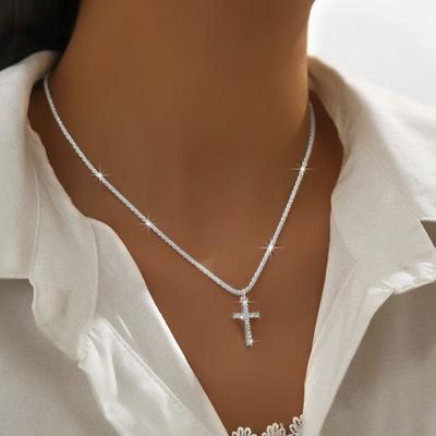 Women Necklace Cross Pendant Shimmering Surface Adjustable Length Neck Jewelry Daily Wear Gifting Lightweight Lady Clavicle Necklace