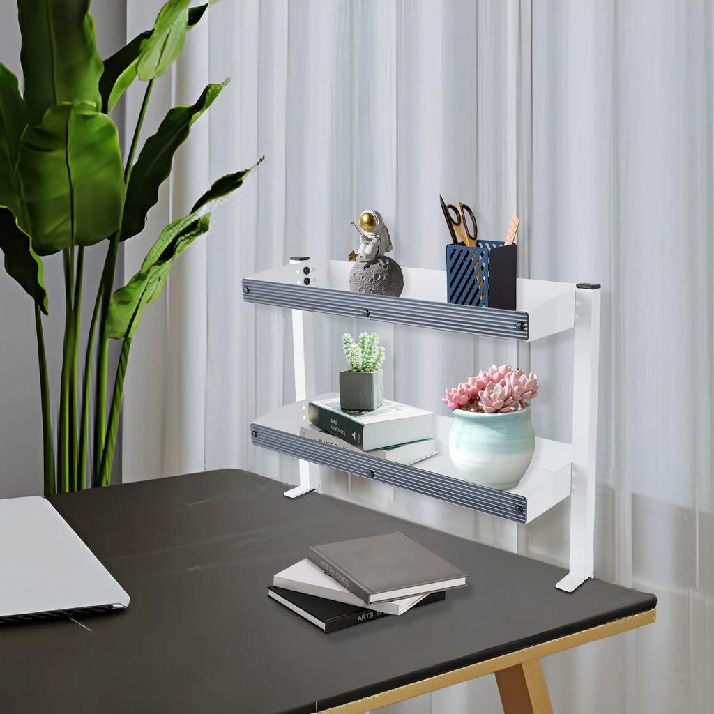 Metal Clamp-On Desktop Stand, Double-Layer Storage Rack with Adjustable Storage Tray, Space-Saving,  for Home and Office, White