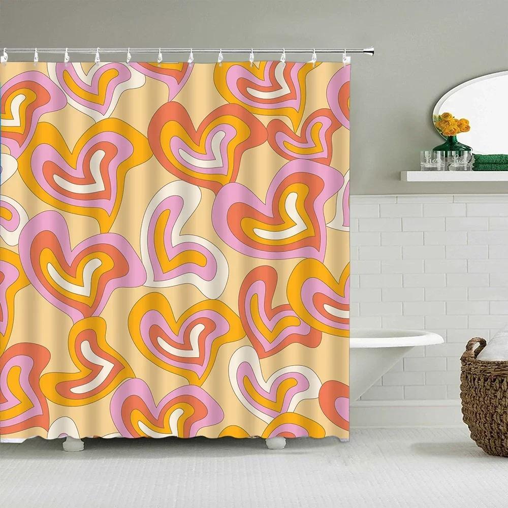 Vintage Rainbow Floral Shower Curtain 70S Colorful Stripe Fun Elegant Bohemian Abstract Style Bathroom Decoration Shower Curtain