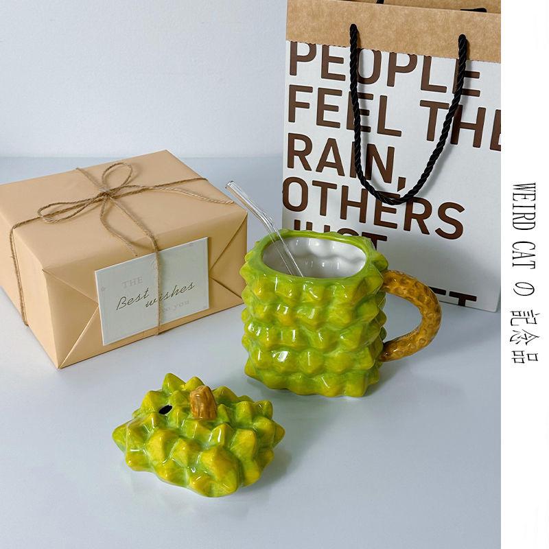 Tazza Strana Fatta a Mano Ananas e Durian con Cannuccia, Divertente Tazza in Ceramica da Celebrità di Internet, Regalo di Compleanno per Studenti Drinkware