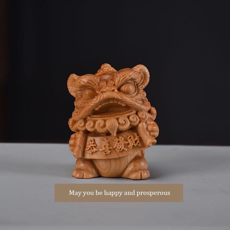 wood carving Chinese style cute little lion sculptures and figurines Mascot  Home, Room, Office, Car Wealth Luck Feng Shui Decor