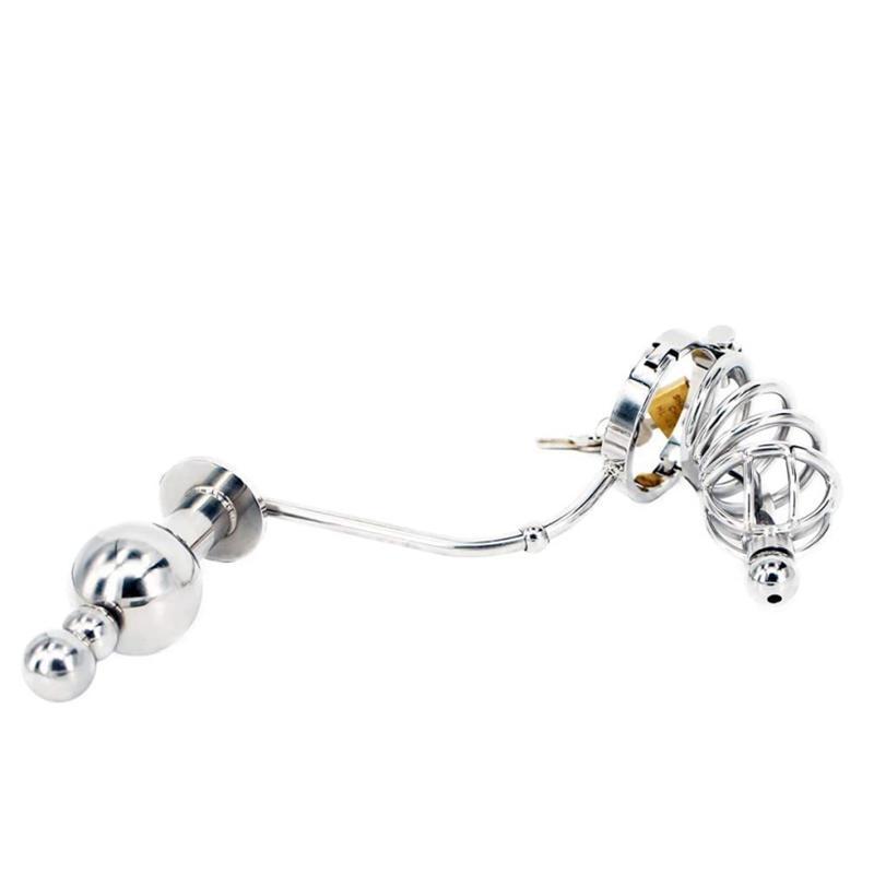 Lock Him Cage & Beads Plug 304 Stainless Steel Adjustable Chastity Cage BDSM
