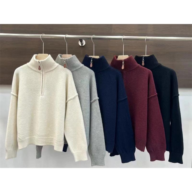 Women's Korean-Style Double Zipper Stand Collar Knit Cardigan - Loose Fit, Casual, Autumn/Winter 2024 Sweater Coat