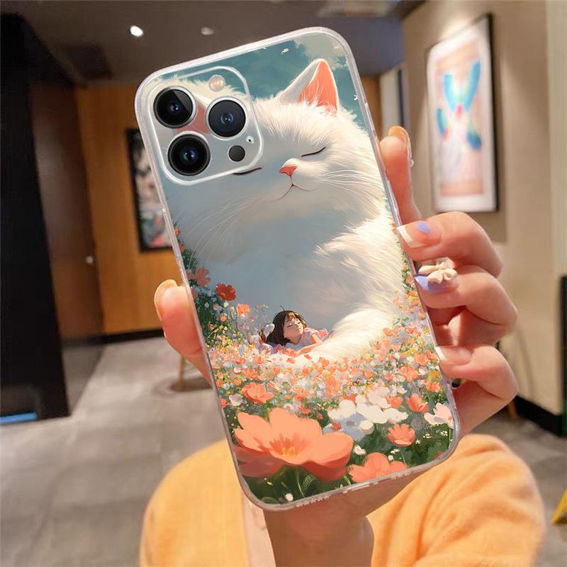 

Cute white cat Phone Case For iPhone 17 Pro Max Air 17 16 15 14 13 Pro Max 15 16 Pro 15Plus Silicone Cover iphone 14Pro
