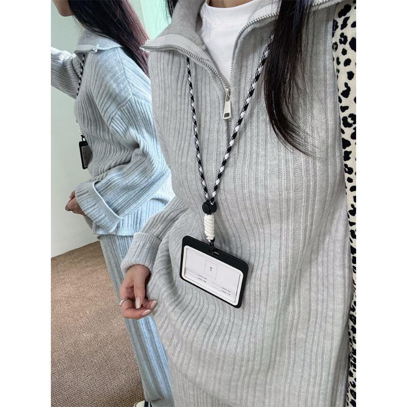 Half Zipper Polo Neck Pullover Knitted Sweater Women's New Casual Wide-leg Pants Two-piece Autumn and Winter Suit
