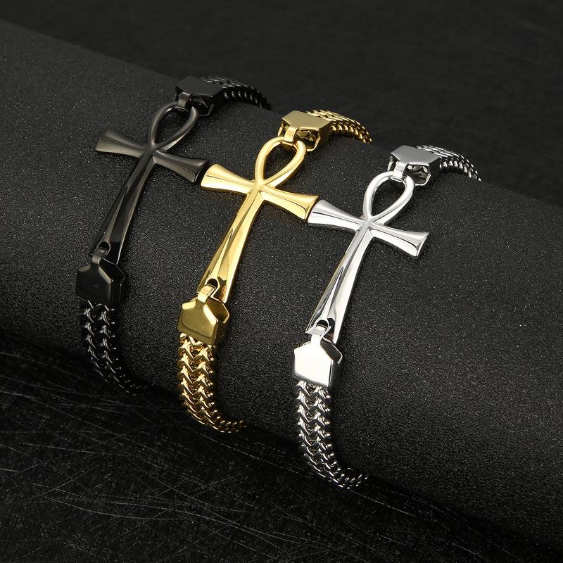 Rock Hip Hop Double Row Braided Chain Jewelry, Vintage Personality Splicing Titanium Steel Ancient Egyptian Cross Men'S Bracelet